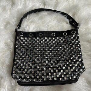 Black rhinestone studded handbag with adjustable...
